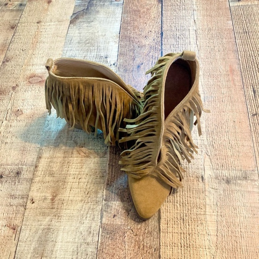 Wild Fox‎ Tan Faux Suede Fringe Ankle Boots Pointed Toe Block Heel Womens 7.5